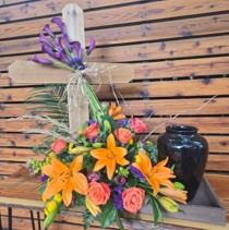 In His Hands urn tribute with cross